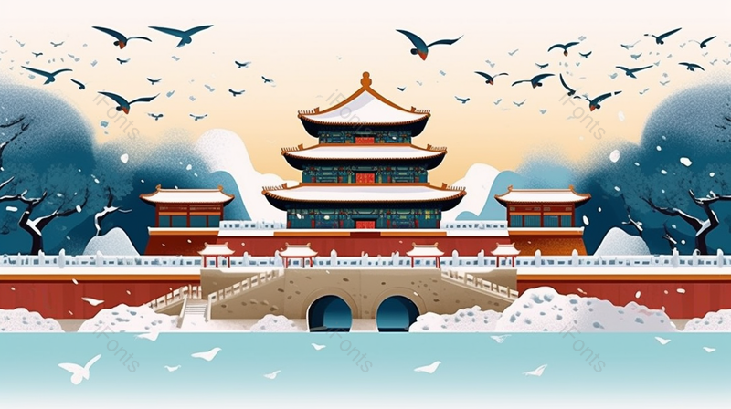 唯美故宫雪景宫殿建筑中国风手绘水墨画,插画/手绘图,插画/手绘图库,插画/手绘图下载,插画/手绘